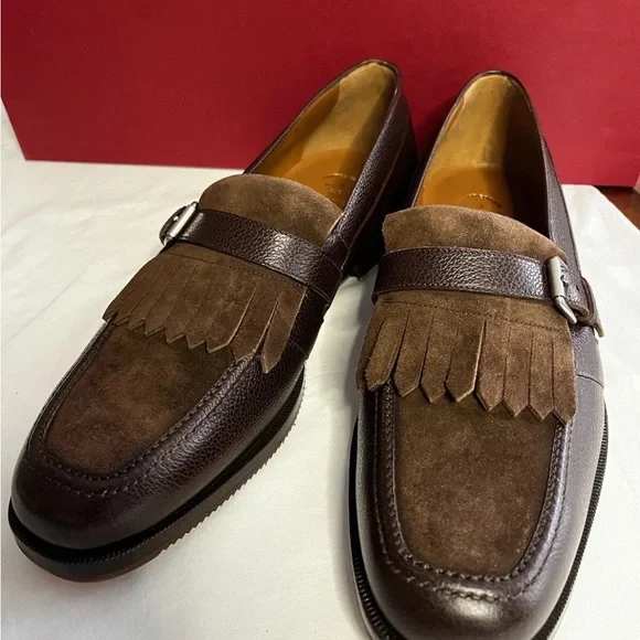 SALVATORE FERRAGAMO TopSz 7 MEN SHOES Brown Suede Fringe Logo Loafer
